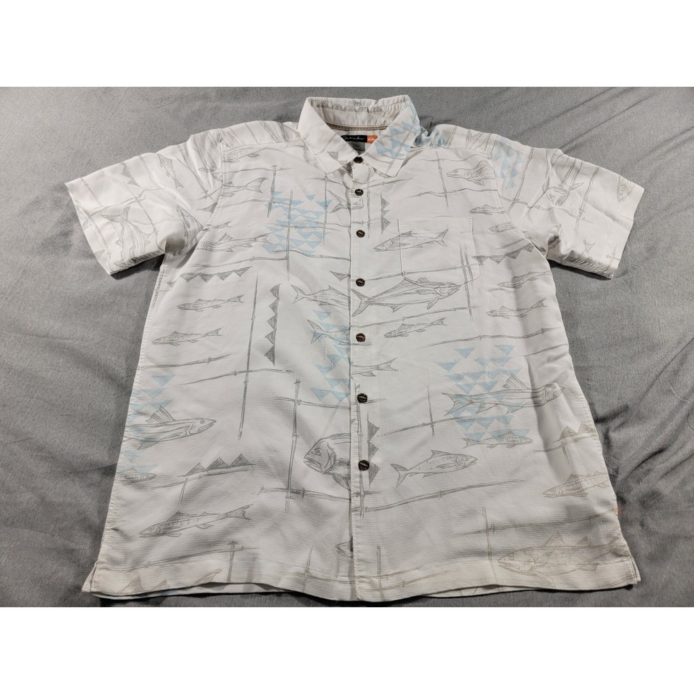 Quiksilver Mens Hawaiian Shirt Large White Button Up All‎ Over Print Tribal Fish
